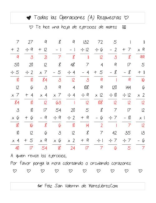 La hoja de ejercicios de Aritmética de San Valentín (Rango de 1 a 12) (A) Página 2