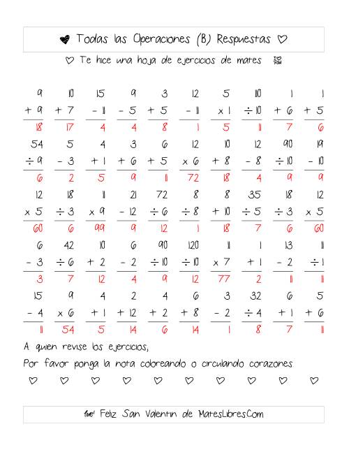 La hoja de ejercicios de Aritmética de San Valentín (Rango de 1 a 12) (B) Página 2