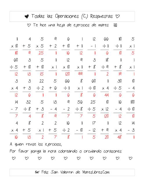 La hoja de ejercicios de Aritmética de San Valentín (Rango de 1 a 12) (C) Página 2