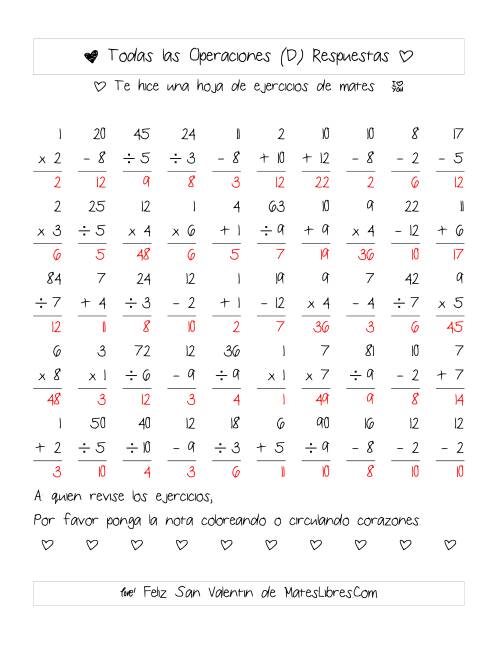 La hoja de ejercicios de Aritmética de San Valentín (Rango de 1 a 12) (D) Página 2