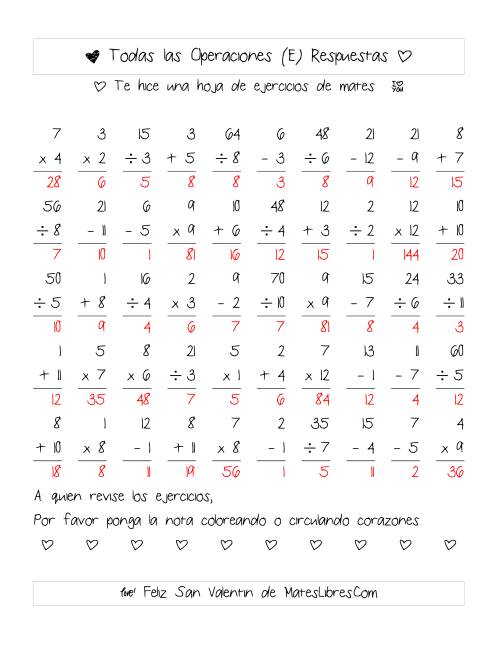 La hoja de ejercicios de Aritmética de San Valentín (Rango de 1 a 12) (E) Página 2