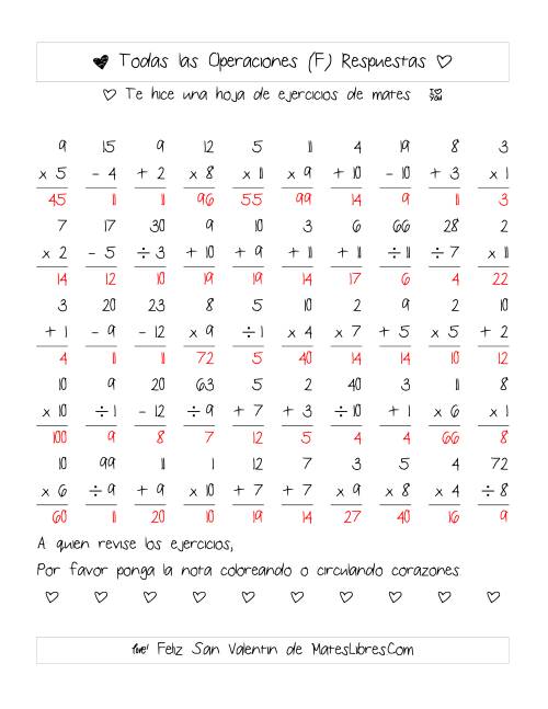 La hoja de ejercicios de Aritmética de San Valentín (Rango de 1 a 12) (F) Página 2