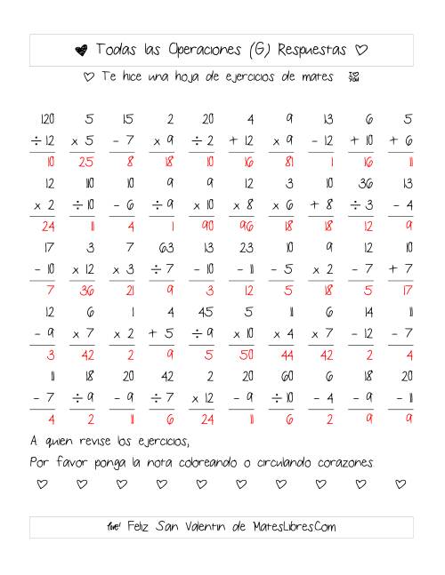 La hoja de ejercicios de Aritmética de San Valentín (Rango de 1 a 12) (G) Página 2