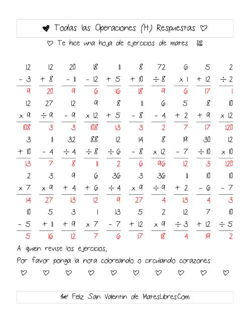 La hoja de ejercicios de Aritmética de San Valentín (Rango de 1 a 12) (H) Página 2
