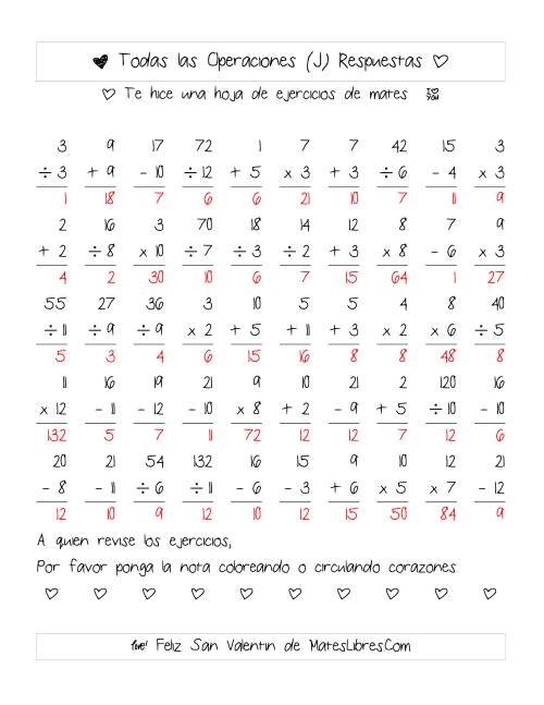 La hoja de ejercicios de Aritmética de San Valentín (Rango de 1 a 12) (J) Página 2