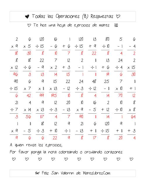 La hoja de ejercicios de Aritmética de San Valentín (Rango de 1 a 15) (B) Página 2
