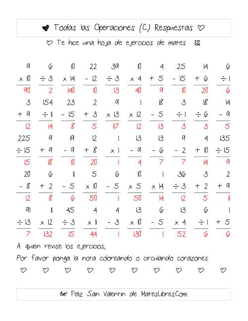 La hoja de ejercicios de Aritmética de San Valentín (Rango de 1 a 15) (C) Página 2