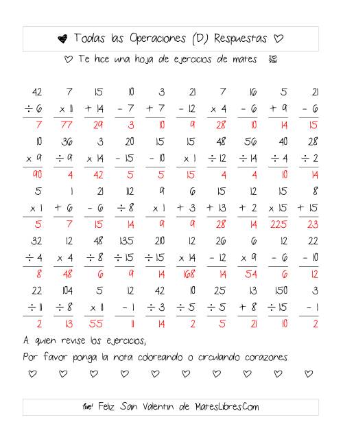 La hoja de ejercicios de Aritmética de San Valentín (Rango de 1 a 15) (D) Página 2