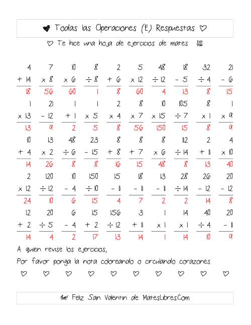 La hoja de ejercicios de Aritmética de San Valentín (Rango de 1 a 15) (E) Página 2