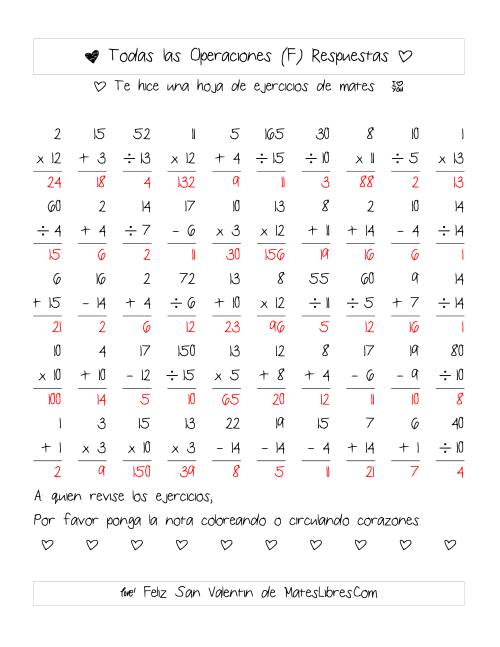 La hoja de ejercicios de Aritmética de San Valentín (Rango de 1 a 15) (F) Página 2