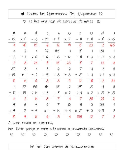 La hoja de ejercicios de Aritmética de San Valentín (Rango de 1 a 15) (G) Página 2