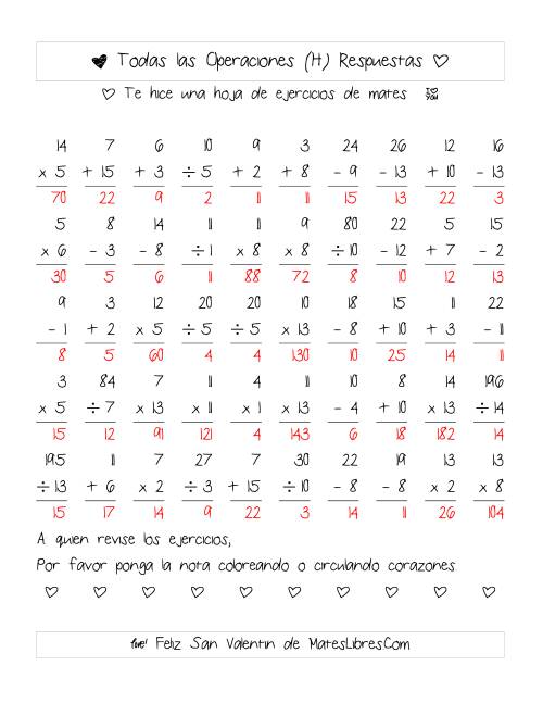 La hoja de ejercicios de Aritmética de San Valentín (Rango de 1 a 15) (H) Página 2