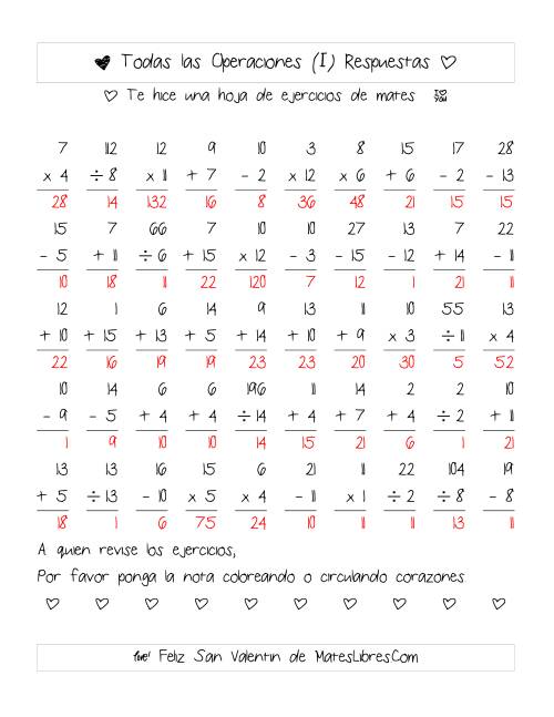 La hoja de ejercicios de Aritmética de San Valentín (Rango de 1 a 15) (I) Página 2