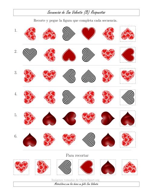La hoja de ejercicios de Secuencias de Imágenes de San Valentín cambiando los Atributos Forma y Rotación (B) Página 2