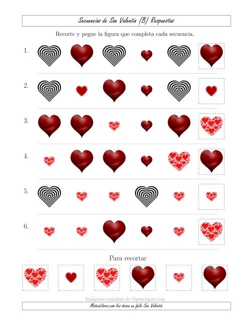 La hoja de ejercicios de Secuencias de Imágenes de San Valentín cambiando los Atributos Forma y Tamaño (B) Página 2