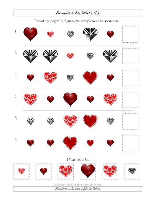 La hoja de ejercicios de Secuencias de Imágenes de San Valentín cambiando los Atributos Forma y Tamaño (C)