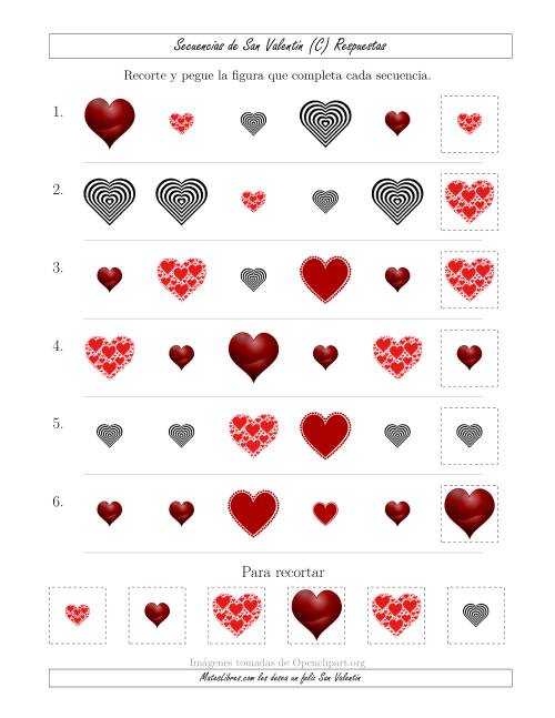 La hoja de ejercicios de Secuencias de Imágenes de San Valentín cambiando los Atributos Forma y Tamaño (C) Página 2
