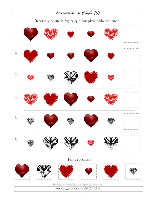 La hoja de ejercicios de Secuencias de Imágenes de San Valentín cambiando los Atributos Forma y Tamaño (D)