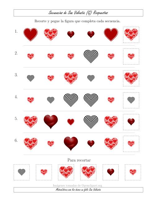 La hoja de ejercicios de Secuencias de Imágenes de San Valentín cambiando los Atributos Forma y Tamaño (G) Página 2