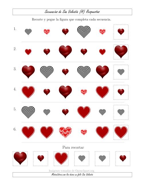 La hoja de ejercicios de Secuencias de Imágenes de San Valentín cambiando los Atributos Forma y Tamaño (H) Página 2