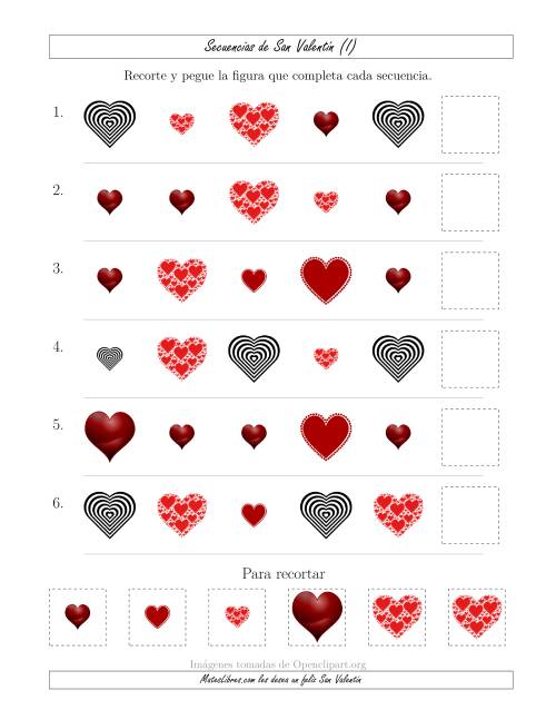 La hoja de ejercicios de Secuencias de Imágenes de San Valentín cambiando los Atributos Forma y Tamaño (I)