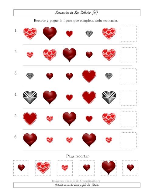 La hoja de ejercicios de Secuencias de Imágenes de San Valentín cambiando los Atributos Forma y Tamaño (J)