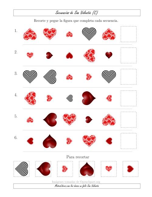 La hoja de ejercicios de Secuencias de Imágenes de San Valentín cambiando los Atributos Forma, Tamaño y Rotación (C)