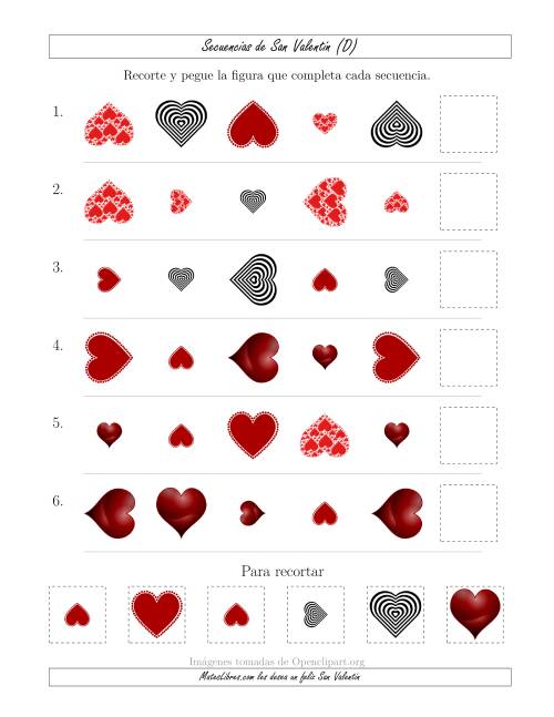La hoja de ejercicios de Secuencias de Imágenes de San Valentín cambiando los Atributos Forma, Tamaño y Rotación (D)