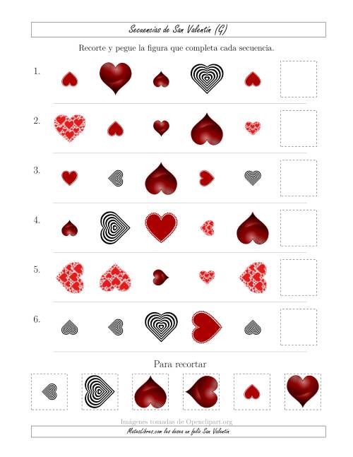 La hoja de ejercicios de Secuencias de Imágenes de San Valentín cambiando los Atributos Forma, Tamaño y Rotación (G)