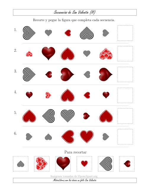 La hoja de ejercicios de Secuencias de Imágenes de San Valentín cambiando los Atributos Forma, Tamaño y Rotación (H)