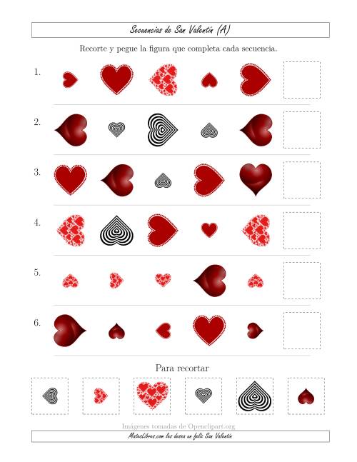 La hoja de ejercicios de Secuencias de Imágenes de San Valentín cambiando los Atributos Forma, Tamaño y Rotación (Todas)
