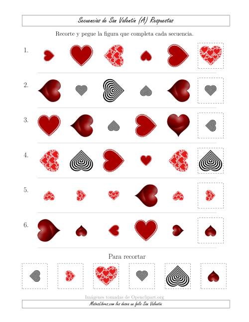 La hoja de ejercicios de Secuencias de Imágenes de San Valentín cambiando los Atributos Forma, Tamaño y Rotación (Todas) Página 2