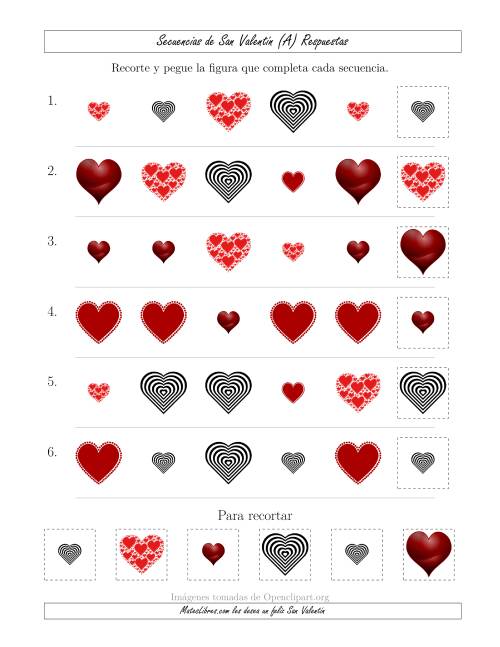 La hoja de ejercicios de Secuencias de Imágenes de San Valentín cambiando los Atributos Forma y Tamaño (Todas) Página 2