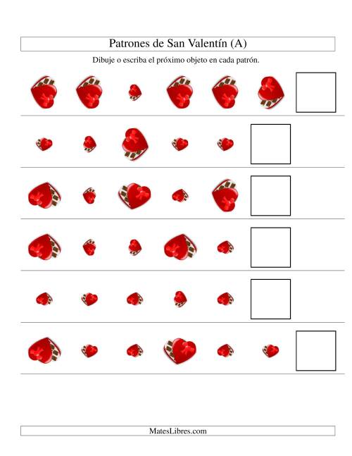 La hoja de ejercicios de Secuencias de San Valentín en Base a Dos Atributos (Tamaño y Rotación) -- Caja de Chocolates (A)