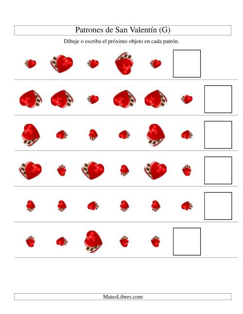 La hoja de ejercicios de Secuencias de San Valentín en Base a Dos Atributos (Tamaño y Rotación) -- Caja de Chocolates (G)