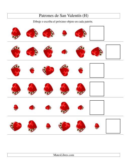 La hoja de ejercicios de Secuencias de San Valentín en Base a Dos Atributos (Tamaño y Rotación) -- Caja de Chocolates (H)
