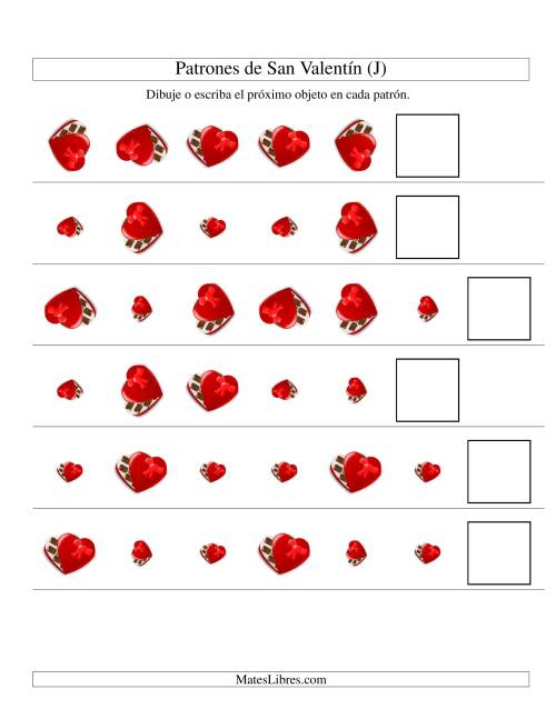 La hoja de ejercicios de Secuencias de San Valentín en Base a Dos Atributos (Tamaño y Rotación) -- Caja de Chocolates (J)