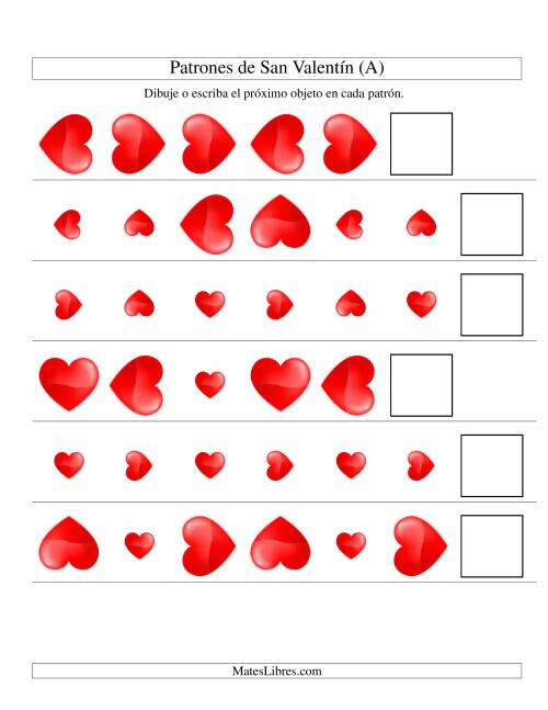 La hoja de ejercicios de Secuencias de San Valentín en Base a Dos Atributos (Tamaño y Rotación) -- Corazón (A)