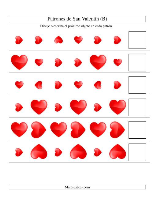 La hoja de ejercicios de Secuencias de San Valentín en Base a Dos Atributos (Tamaño y Rotación) -- Corazón (B)