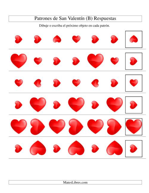 La hoja de ejercicios de Secuencias de San Valentín en Base a Dos Atributos (Tamaño y Rotación) -- Corazón (B) Página 2