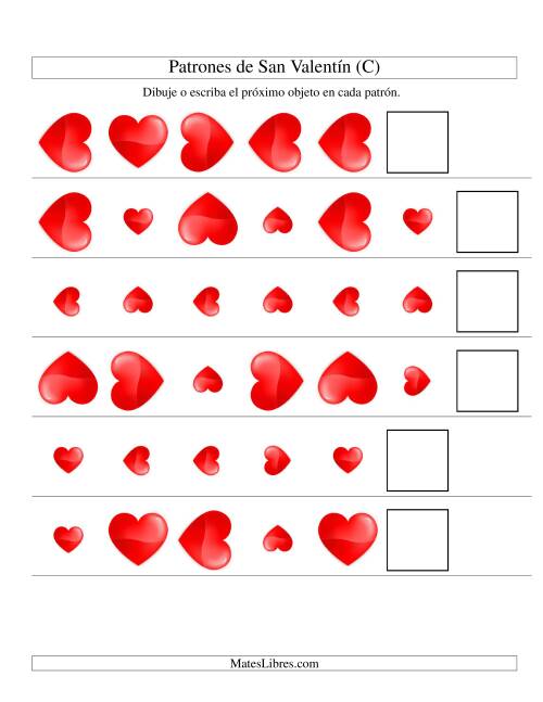 La hoja de ejercicios de Secuencias de San Valentín en Base a Dos Atributos (Tamaño y Rotación) -- Corazón (C)