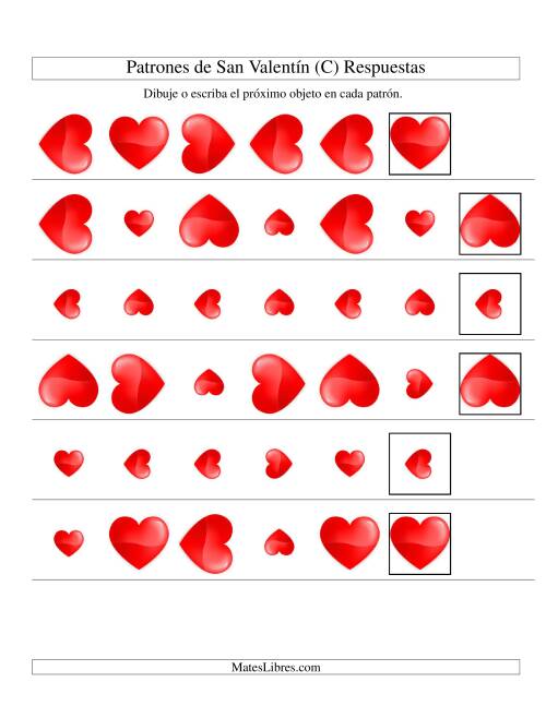 La hoja de ejercicios de Secuencias de San Valentín en Base a Dos Atributos (Tamaño y Rotación) -- Corazón (C) Página 2