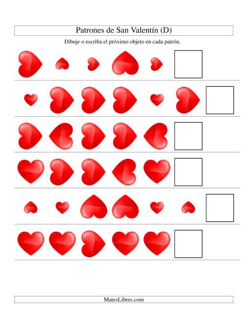 La hoja de ejercicios de Secuencias de San Valentín en Base a Dos Atributos (Tamaño y Rotación) -- Corazón (D)