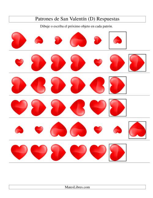 La hoja de ejercicios de Secuencias de San Valentín en Base a Dos Atributos (Tamaño y Rotación) -- Corazón (D) Página 2