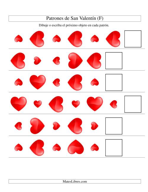 La hoja de ejercicios de Secuencias de San Valentín en Base a Dos Atributos (Tamaño y Rotación) -- Corazón (F)