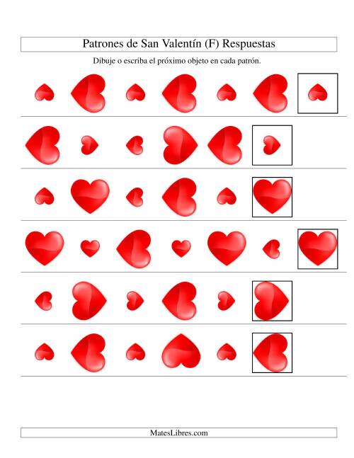La hoja de ejercicios de Secuencias de San Valentín en Base a Dos Atributos (Tamaño y Rotación) -- Corazón (F) Página 2