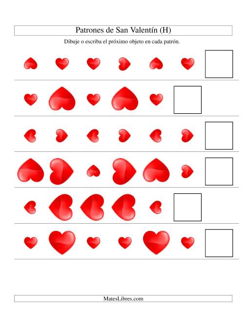 La hoja de ejercicios de Secuencias de San Valentín en Base a Dos Atributos (Tamaño y Rotación) -- Corazón (H)
