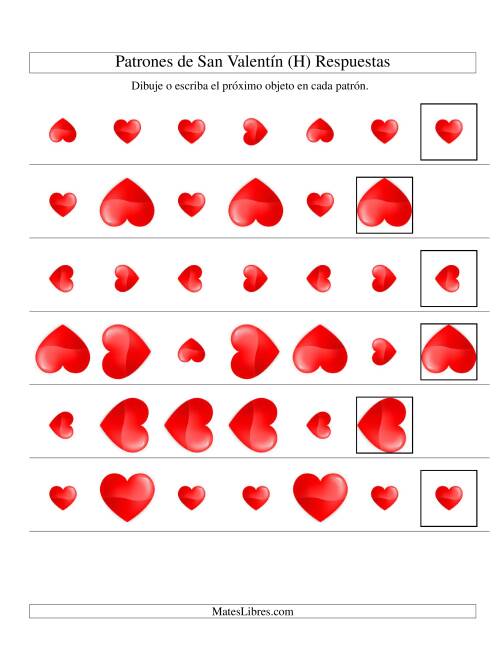 La hoja de ejercicios de Secuencias de San Valentín en Base a Dos Atributos (Tamaño y Rotación) -- Corazón (H) Página 2