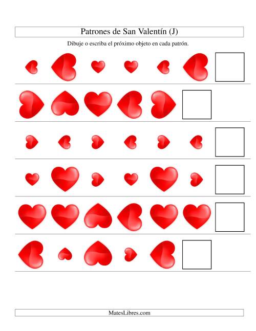 La hoja de ejercicios de Secuencias de San Valentín en Base a Dos Atributos (Tamaño y Rotación) -- Corazón (J)