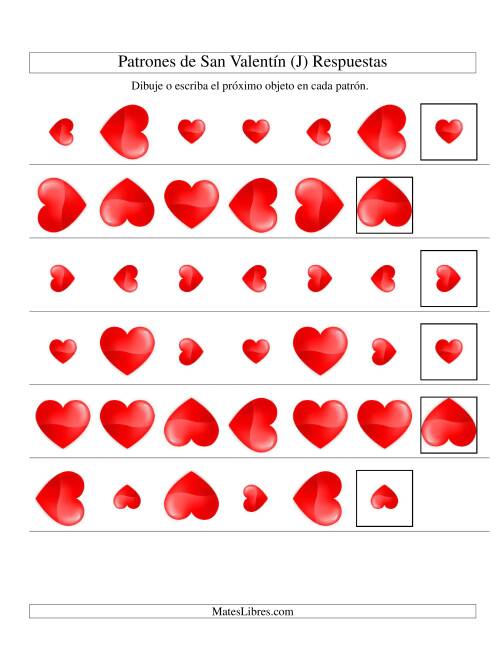 La hoja de ejercicios de Secuencias de San Valentín en Base a Dos Atributos (Tamaño y Rotación) -- Corazón (J) Página 2